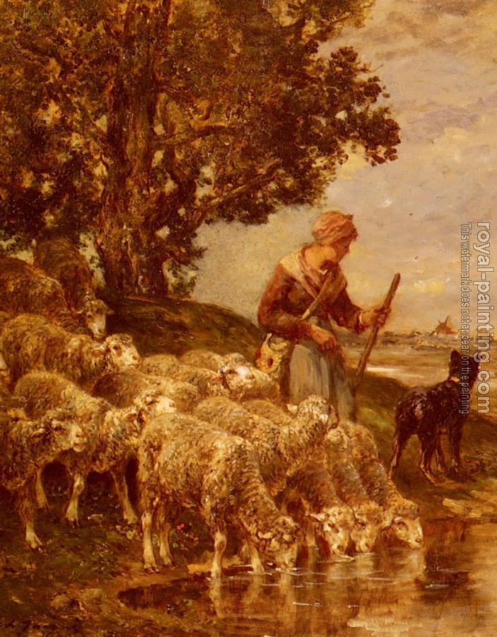 Charles Emile Jacque : A Shepardess Watering Her Flock